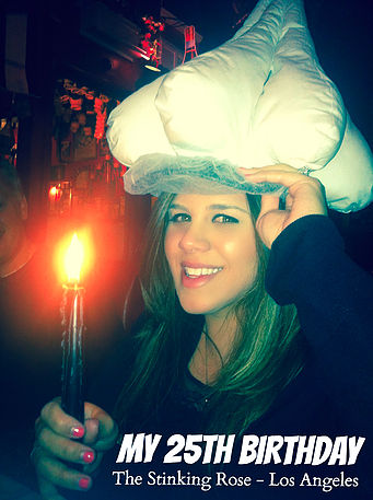 Krysten from Krystens Kitchen wearing the garlic hat for her birthday